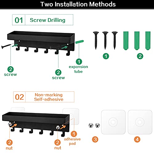 KingAcc-Key-Holder-for-Wall-Decorative-Wall-Mounted-Key-and-Mail-Organizer-Adhesive-Key-Rack-with-Tray-for-Entryway-Hallway-Kitchen-Farmhouse-Metal-Key-Hanger-with-6-Key-HooksBlack