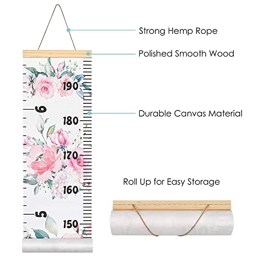 Besslee Canvas Kids Growth Chart For Wall, Floral Height Measurement Tracker For Baby Girl, Hanging Ruler With Removable Hook, Nursery Room Playroom Toddler Bedroom Decor, 79”X7.9” Pink #TOP1
