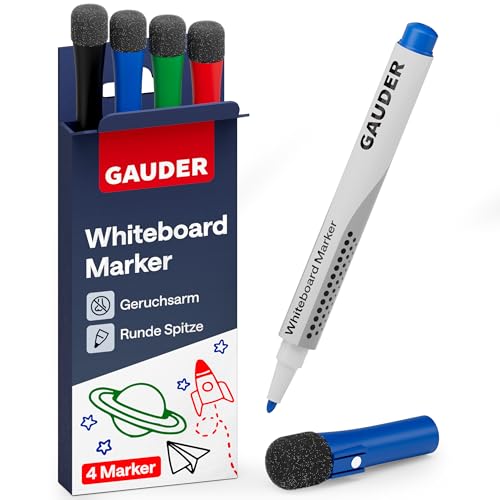 GAUDER Whiteboard Marker Set (4 Stück) | Whiteboard Stifte (4 Farben) | trocken und rückstandsfrei abwischbar | Dry Erase Marker mit Schwamm ideal für Whiteboards und Magnettafeln
