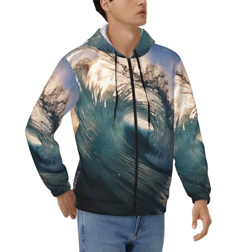 Sweat à capuche homme manches longues zippé cordon motif vagues