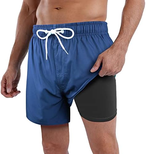 QRANSS Navy Swim Trunks for Men 5 Inch Elastic Waist 4 Way Stretch Quick Dry Swim Shorts with Boxer Brief Liner Plus Size
