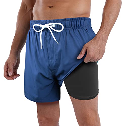 Qranss Navy Swim Trunks For Men 5 Inch Elastic Waist 4 Way Stretch Quick Dry Swim Shorts With Boxer Brief Liner Plus Size #TOP5