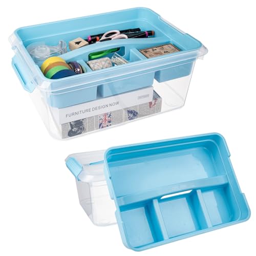Image of 20 QT Plastic Storage Box with Removable Tray, Portable Craft Organizers and Storage Bins with Lid, Clear Art Storage Container for Organizing Sewing, Crayon, Tool, Playdoh (Blue)