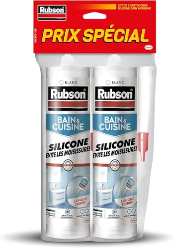Rubson Mastic Bain et Cuisine Pure Silicone Anti-Moisissures Blanc, mastic sanitaire à base de silicone, mastic étanche renforcé en antifongique, lot de 2 cartouches 280 ml