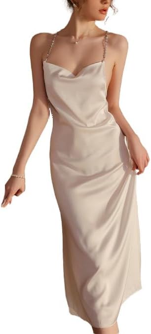 Women's Suspender Sleepwear Satin Sexy Backless Halter Long Lingerie Nightdress