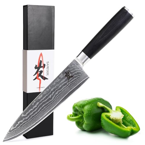 SAMCOOK Damascus Chef Knife, 8 inch Ultra Sharp Cooking Knife With VG-10 High Carbon Stainless Steel，Professional Chef Knives with Black Pakka wood Handle and Premium Gift Box