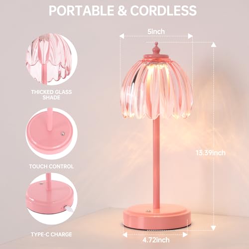 Image of Shenmoyl Rechargeable Table Lamp with 5200mAh Battery & Touch Control - 3 Adjustable Color Temperatures, Cordless Dimmable Table Light for Bedroom, Office Desk, Nightstand (Clear Pink,Pink Base)