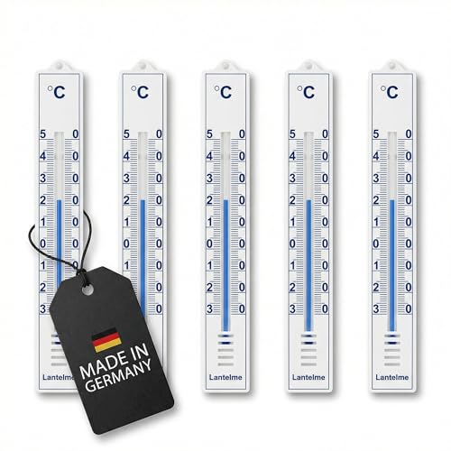 Lantelme 5 Stück Außenthermometer 17cm lang Temperaturanzeige von -30 bis +50C Analog | Thermometer Set Kunststoff Farbe weiß Wetterfest | Gartenthermometer auch für Innen Außen Garten (Weiß/Blau)