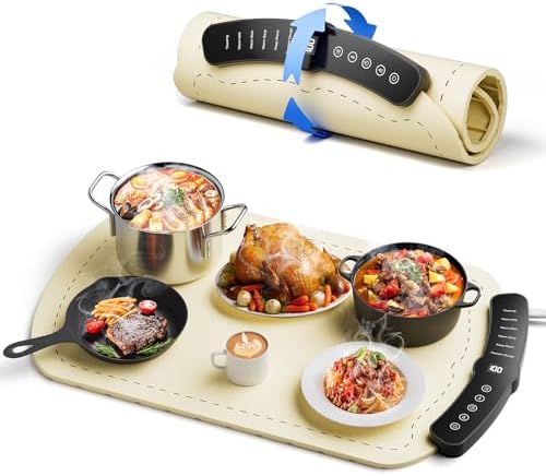 Warming Mat for Food, Fast Full Surface Graphene Electric Warming Tray, Foldable and Portable Food Warmer, 7 Temperature Settings and 1-4 Hour Adjustable Timer, for Parties, Gifts for Mom(Beige)