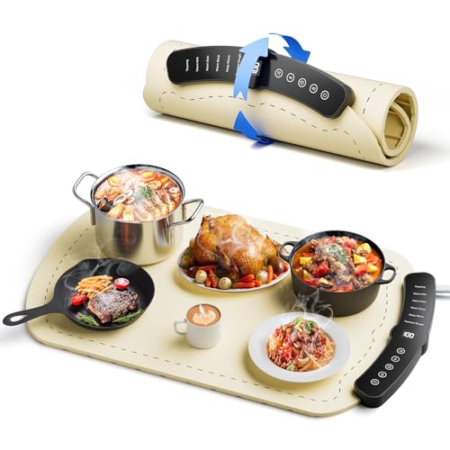 Warming Mat for Food, Fast Full Surface Graphene Electric Warming Tray, Foldable and Portable Food Warmer, 7 Temperature Settings and 1-4 Hour Adjustable Timer, for Parties, Gifts for Mom(Beige)