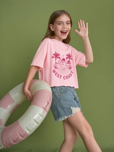 Image of Girls Athletic Oversized Crop Tops Kids Drop Shoulder Short Sleeve T Shirts Workout Tees 5-14 Years