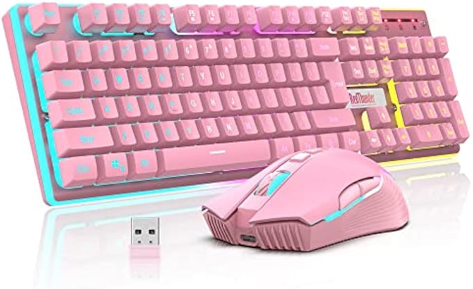 RedThunder K10 Wireless Gaming Keyboard and Mouse Combo, LED Backlit Rechargeable 3800mAh Battery, Mechanical Feel Anti-ghosting Keyboard + 7D 3200DPI Mice for PC Gamer (Pink)
