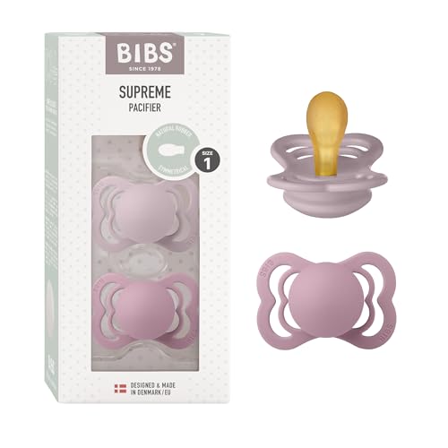 BIBS Supreme Schnuller 2er-Pack, BPA-frei, Symmetrischer Nippel. Naturkautschuk/Latex, Hergestellt in Dänemark. 0-6 Monate (2er Pack), Dusky Lilac/Heather