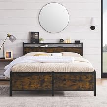 Queen Bed Frame with Headboard Metal Bed Frame Queen Size with Charging Station No Box Spring Needed Sturdy Wood Queen Platform Bed Easy to Assemble