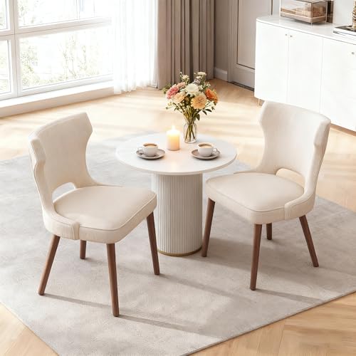 Image of Wooden Dining Chairs Set of 2, Farmhouse Dining Room Chairs with Solid Wood Legs, Mid Century Fabric Kitchen Chairs, Upholstered Chair for Restaurant & Cafe- Beige