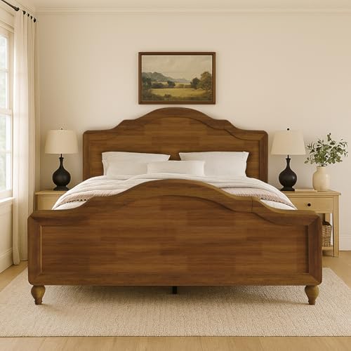 HOME DESIGN Hinton Full Platform Bed Frame with Arched Headboard and Footboard, Solid Wood, Easy Assembly, Brown