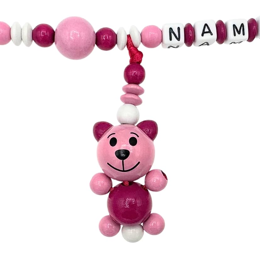 Set Nuckelkette + Kinderwagenkette mit Namen " 3D - BÄR/TEDDYBÄR " Babyrosa Dunkelpink Weiß/Baby/Unisex/Personalisiert/HANDMADE