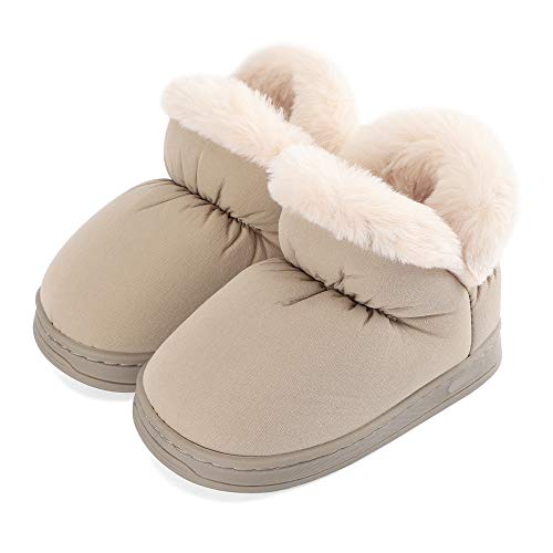 ESTAMICO Boys Girls Winter Slippers Fluffy Ankle House Shoes Warm Fur Cute Home Boots, Khaki 7 Toddler