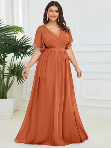 Image of Ever-Pretty Plus Women's Spring Chiffon A-Line Plus Size Bridesmaid Dress Empire Waist Ruched Formal Wedding Guest Dresses Brandied Melon US20