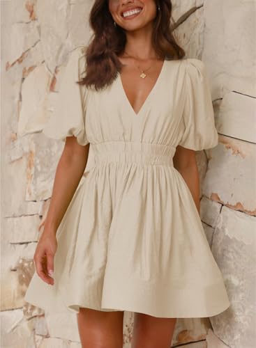 Image of Outfeel Women 2025 Summer Mini Dress Puff Short Sleeve Sexy V Neck A Line Elastic High Waist Flowy Swing Dresses