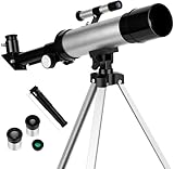 Kit Telescópio Astronômico Portátil com Tripé, Retrátil, 50mm de Abertura, 3 Oculares, Ideal para Iniciantes, Crianças, e Estusiastas da Astronomia, Cor Preto e Prata.