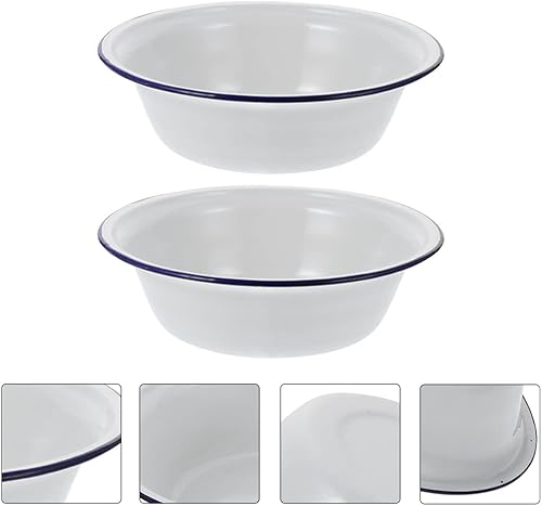 Miniatura 2 de Hemoton 2pcs Estilo Vintage Blanco Esmalte Mezclador Tazón con Negro Trim Esmaltado Metal Grande Clásico Redondo Ensalada Servir Cuenco Cuencas de