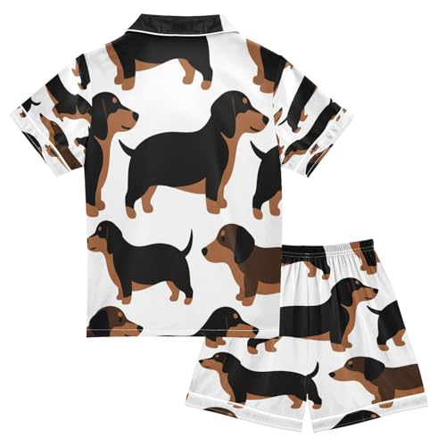 Satin Pajama Sets Short Sleeve Dachshund Pattern Print on White Button Down Silky Nightwear 2 Piece PJS 5-14Y2