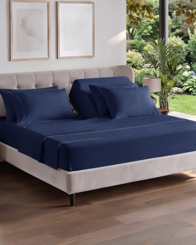 Image of Flex Top Split Head King 6 Piece Sheet Set - Soft & Cooling - Navy Blue | Ultra Soft Hotel Luxury Bedding Set w / 8-16 Inch Deep Pockets, 1 Flat & 1 Split-Head Fitted Sheet & 4 Pillowcases, Fade Free