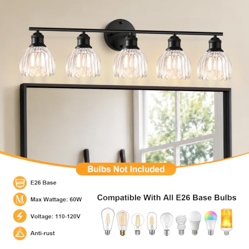 Image of Bathroom Light Fixtures, 5-Light Brushed Black Vanity Lights for Bathroom with Clear Tulip Glass Shade, 30 inch Vintage Bathroom Vanity Lighting Fixtures Over Mirror for Bedroom Living Room Hallway