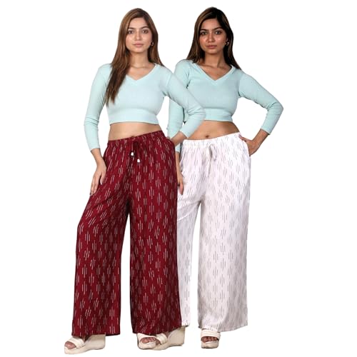 Image of Women's Cotton Rayon Flair Printed Pocket Regular Palazzo Pack of 2