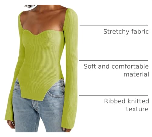Image of Women's Square Neck Ribbed Knitted Sweater Long Sleeve Crop Slim Fitted Basic Pullover Tops