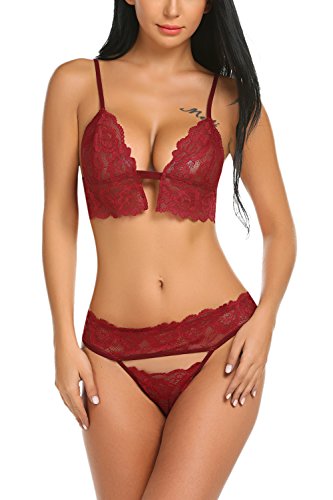 ADOME Women Lingerie Lace Bodysuit Strap Bra and Panty Set Mini Teddy Outfit Dark Red XL