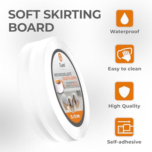 Quest Weichsockelleiste Selbstklebend - 15 mm x 15 mm - PVC Knickleiste, Abschlussleiste für Küche, Badezimmer - Dichtungsband Flexibel, Dicht, Dekorativ - 5 Meter, Weiß