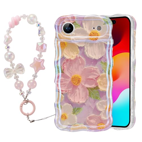 Coque pour iPhone Air avec bracelet anti-chute et motif ondulé rose pour femme