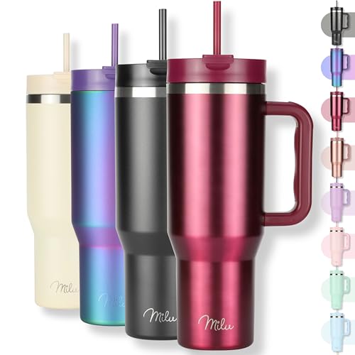 Milu Termico con Asa y Pajita 1200ml, Botella de Agua Acero Inoxidable Aislado, Taza térmica, Vaso de viaje para café helado, 24h helado / 12h caliente - 40oz (Berry, 1200ml)