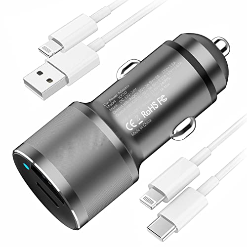 MOCA for iPhone 38W Fast Car Charger, Dual Port USB C Power Delivery All Metal Lighter PD/QC3.0 Car Charger with 2Pack PD Lightning Cord Quick Charging for iPhone 13 12 11 Pro/XS/XR/SE/X 8