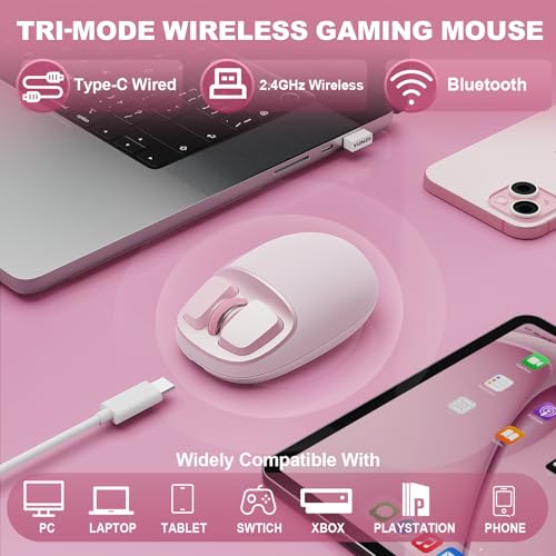 Image of YUNZll C1 Silicone Wireless Mouse, Tri-Mode 2.4G /USB-C /Bluetooth Mouse, 4800 DPl Optical Tracking, 6 Adjustment Levels,Customize Mice for Laptop, Computer, iPad, MacBook (Pink)