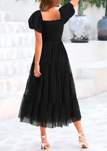 PRETTYGARDEN Women's Smocked Tulle Midi Dress 2025 Summer Square Neck Puffy Short Sleeve Ruffle Wedding Guest Party Dresses2