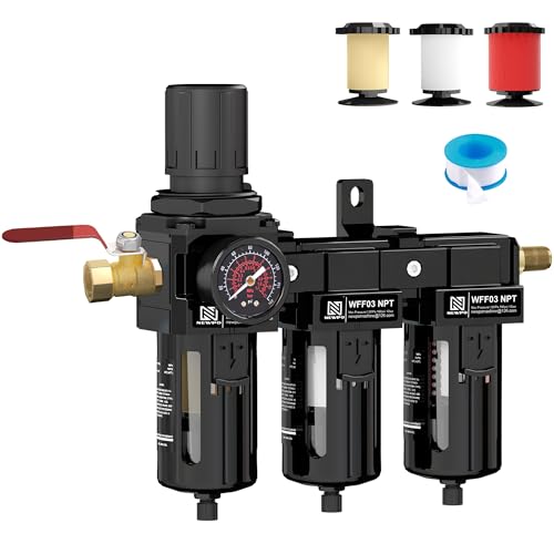 Image of NEWPO 3 /8 inch NPT Air Drying System for Water Separator,3 Stage Compressed Air Filter Regulator Combo, 5＆0.5&0.01 Micron Filter Cartridge,Semi-Auto Drain, Metal Bracket-Black