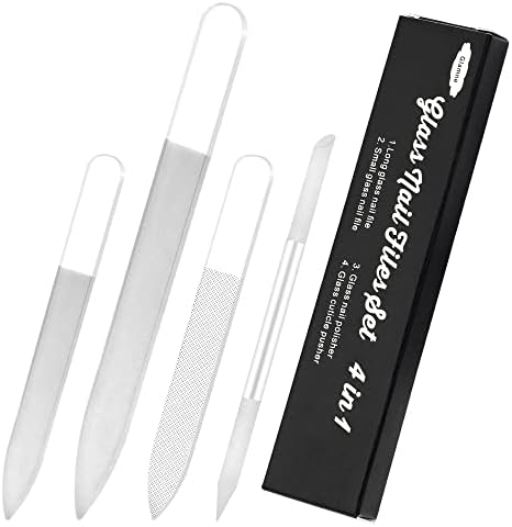 Glamne Glass Nail File Set Glass Nail Buffer Shiner and Glass Cuticle Pusher Stick with Case for Natural Nails