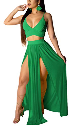 Image of Women Sexy 2 Piece Outfits Dress Chiffon Strap Deep V Neck Bra Crop Top High Split Maxi Dresses Skirt Set