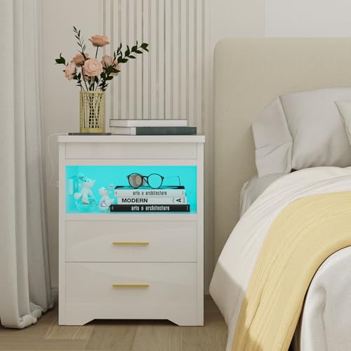 Chleby Moderne Table de Chevet Brillante Tables d’Appoint avec Prise Table de Chevet avec Bande LED et 2 tiroirs pour Chambre à Coucher, Salon Blanc