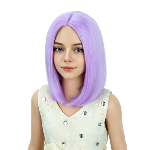 Image of Kids Purple Wig Girls Pale Purple Bob Wig Child Short Bob Wig Middle Part Wig for Kids Synthetic Wigs with Wig Cap