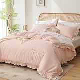 YIKUSH Queen Comforter Set Pink 3PCS (1 Ruffled Blush Comforter and 2 Pillowcases) Vintage Shabby Chic Bedding Soft Fluffy Comforter Set All Season