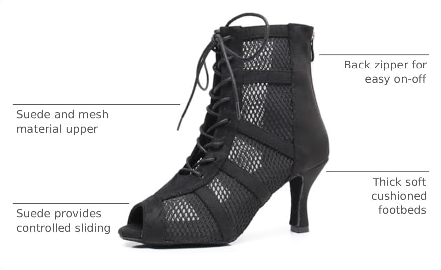 Image of Dance Practice Shoes for Women Mesh Ballroom Sandals Heels Party Prom Ankle Booties with Zip