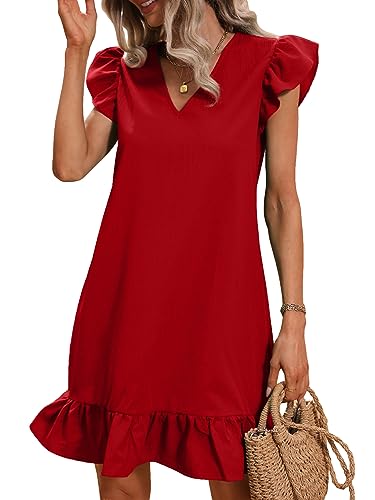 Image of SOLY HUX Summer Dresses for Women V Neck Cap Sleeve Ruffle Hem Smock Short Dress