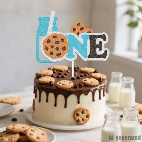 Milk and Cookies One Cake Topper, Happy 1st Birthday Cake Topper, Baby Shower Cookies theme Party Decorations, Can't Have One Without The Other One Sweet Cookie Birthday Party Supplies Blue by Hzbcxs - Used condition - Image 5