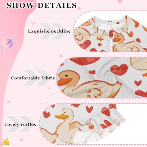Duck and Red Heart Girls Long Sleeve Swimsuit Rash Guard One Piece Bathing Suits Zipper 3-12T4