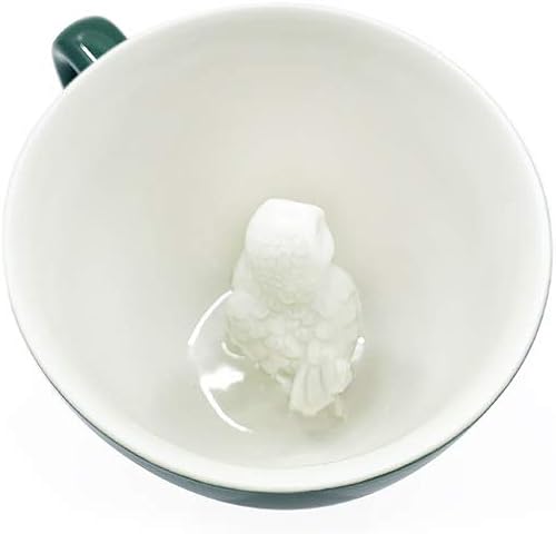 Miniatura 3 de Creature Cups OWL Taza de Cerámica (11 Onzas, Exterior Verde Esmeralda) - Animal 3D Oculto en el Interior Emerge Mientras Bebes - Regalo de