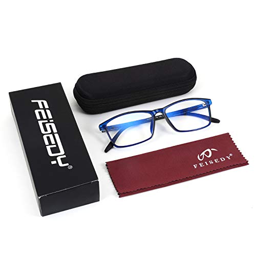 Feisedy Square Men Tr90 Frame Blue Light Blocking Reading Glasses, Tr90 Rectangle Men Anti Blue Light Computer Reader B9026 （Crystal Blue, 2.0X #TOP5